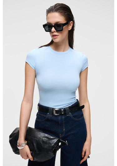 Grimelange HOPEWELL Kadın Yuvarlak Yaka Örme Slim Fit Mavi T-Shirt