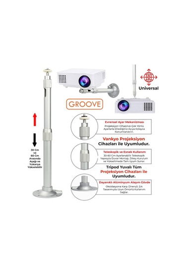 Vankyo Groove 30-60cm Alüminyum Projeksiyon Cihazı Tavan Askı Aparatı Duvar Bağlantı Aparatı Universal Projector Beyaz 360 Dönebilen Tripod Yuvalı