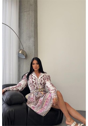 Neşeli Butik Kadın Pembe Kemer Detaylı Mini Boy Tasarım Elbise Nbms25111 Pembe