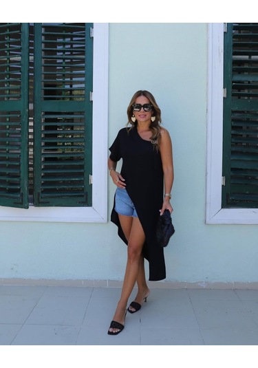 Reka Moda Kadın Tek Omuzu Açık Askılı Asimetrik Kesim Detaylı Bluz Siyah