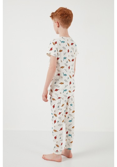 Lela Desenli % 100 Pamuk Bisiklet Yaka Erkek Çocuk Pijama Takımı 6651001 Ekru-Kırmızı