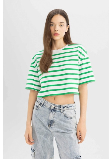 Defacto Coool Fitted Çizgili Kısa Kollu Tişört A9046AX24SMGN689 Yeşil