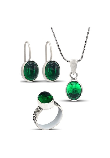 Zümrüt Taşlı Oval Model El İşçiliği Otantik Gümüş Üçlü Set 201024120 Gümüş