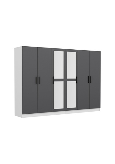 Minar Kale 6 Kapaklı 2 Aynalı 4 Çekmeceli Dolap Beyaz Antrasit 210cm Çok Renkli