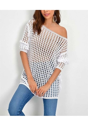 Aqe Fashion Kadın File Triko Beyaz Bluz-Beyaz