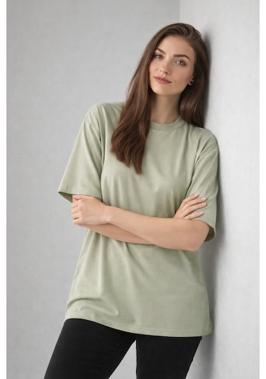 Enva Store Kadın Oversize Fit Yuvarlak Yaka Modal Basic T-shirt Tişört Haki