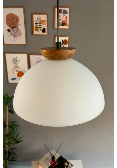 Perry Beyaz Cam Tekli Avize Ahşap Tabak Başlık Retro Sarkıt Lamba Restoran Salon Aydınlatma Beyaz