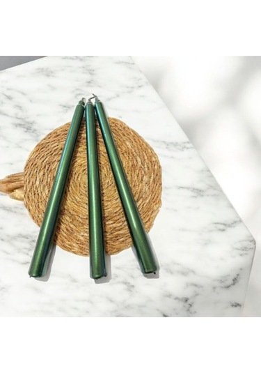 Denic 3 lü Metalik Yeşil  Şamdan Mum Konik Mum