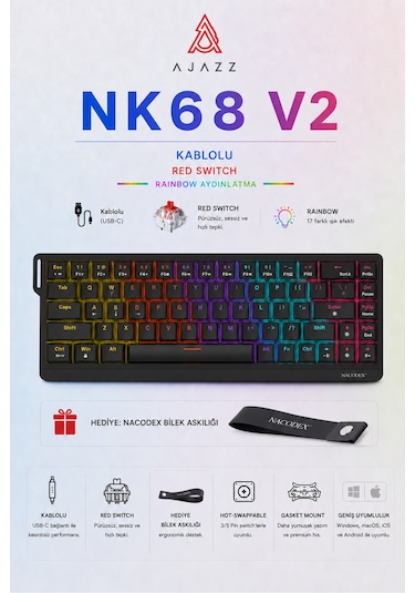 Nacodex Nk68v2 Hot Swap Kablolu Mekanik Oyun Klavyesi- Red Switch-bilek Askılı