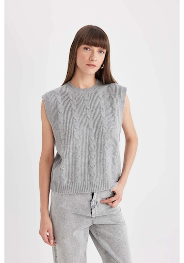 Defacto Regular Fit Bisiklet Yaka Basic Düz Saç Örgü Desenli Triko Süveter C9041ax24wngr66 Gri