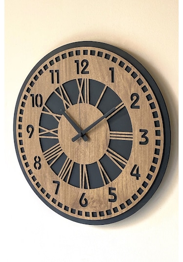 Remium Mat Siyah- Açık Kahverengi Duvar Saati 48cm Ahşap - Siyah