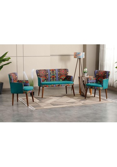 Etnik Desen Kumaş Zümrüt Yeşili Ceviz Ayak Çay Seti Koltuk Takımı Etnik