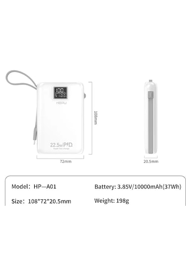 Hepu HP-A01 10.000 mAh 22.5 W Dijital Göstergeli Dahili Çoklu Kablolu Powerbank