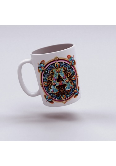 A Harfi Boho Bardak, Renkli Özel Tasarım Hediyelik Harfli Kupa, 330ml Porselen Beyaz