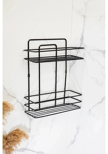 Banyo Rafı 2 Katlı Siyah Şampuanlık Hem Vidalı Hem Yapışkan Stickerlı Çok Renkli