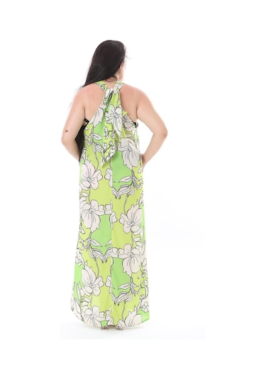 Kadın Büyük Beden Yeşil Boyundan Bağlamalı Astarsız Krep Kumaş Elbise 65n38323-yeşil Yeşil