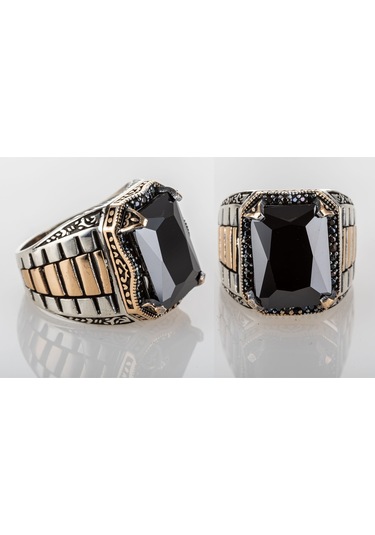 Gümüş Saat Kordon Model Siyah Zirkon Taşlı Erkek Yüzük