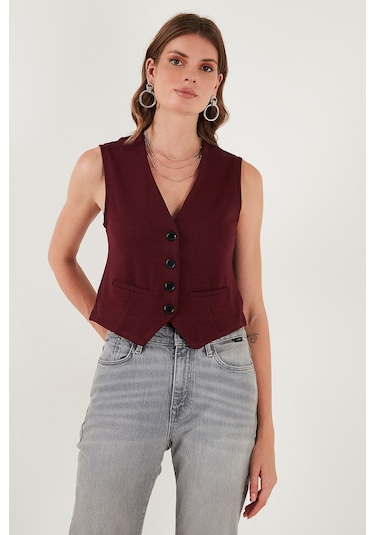 Lela Streç Fitted Fit V Yaka Düğmeli Bayan Yelek 5865971 Bordo
