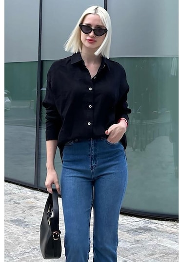 Madmext Siyah Muslin Kumaş Basic Kadın Gömlek Mg1660 Siyah