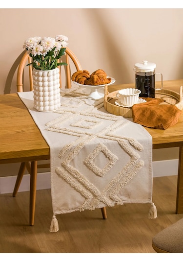 Bej Püsküllü Runner 45x150 Cm