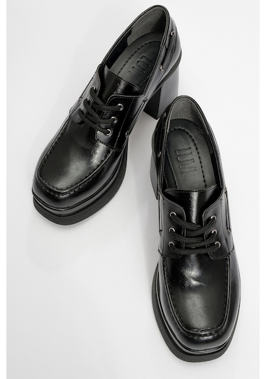 Dudley Siyah Cilt Bağcıklı Kadın Platform Topuklu Ayakkabı Siyah-2