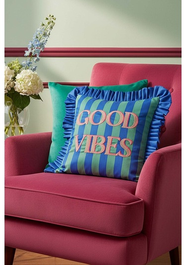Good Vibes Fırfırlı Dekoratif Kırlent Kılıfı Mavi