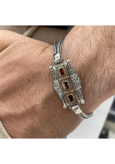 Simurg Jewellery 925 Ayar Gümüş Kırmızı Taşlı Erkek Bileklik