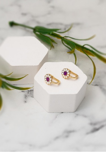 Bilezikci Mor Papatyalı 14 Ayar Altın Çocuk Küpesi Sarı Altın