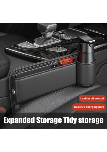 Padalink Oto Koltuk Aralığı Deri Depolama Kutusu, Telefon Şarj Açığı Ve Bardak Tutuculu, Siyah Tekli Sürücü/ Yolcu Tarafı Araç Çekmecesi