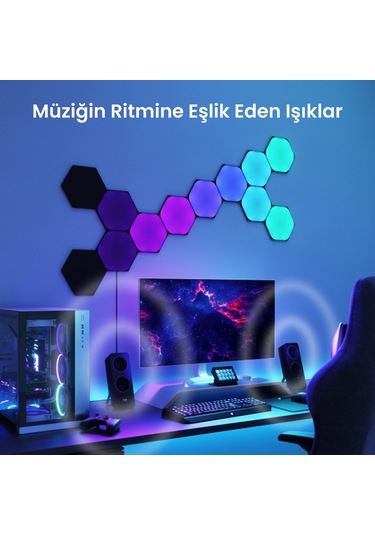 Nanoleaf Altıgen Akıllı Rgbw Duvar Paneli Başlangıç Paketi App Kontrollü, 9 Parça, Siyah, Google Hom RGB