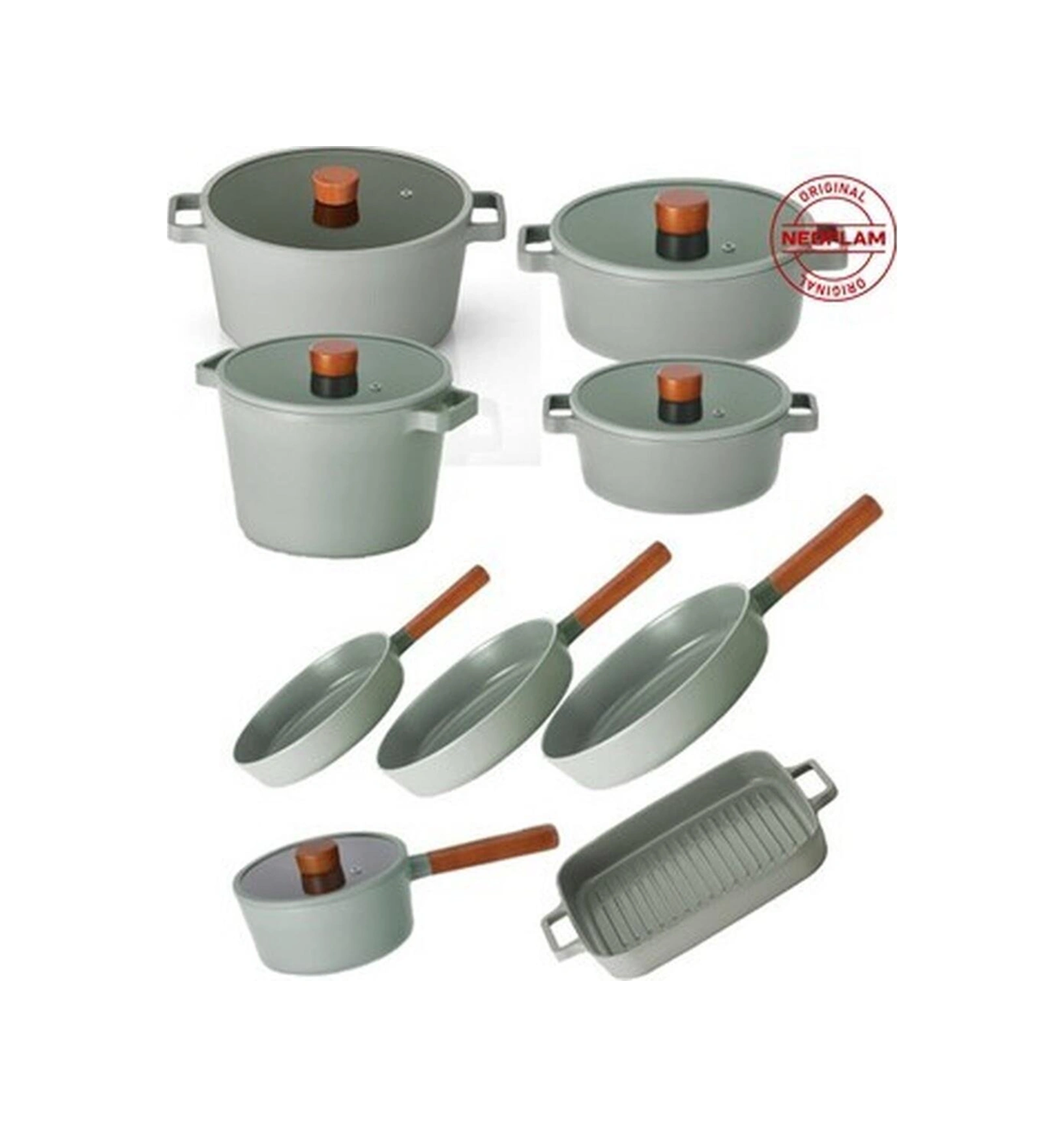 Neoflam Fika Gri Alüminyum Döküm Cam Kapaklı 14 Parça Tencere & Tava Seti Bakır - Siyah