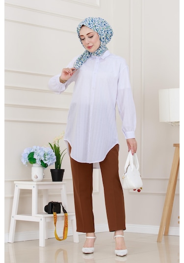 Sevitli Göğüsü Taş Detaylı Oversize Tunik-beyaz-5229 Beyaz