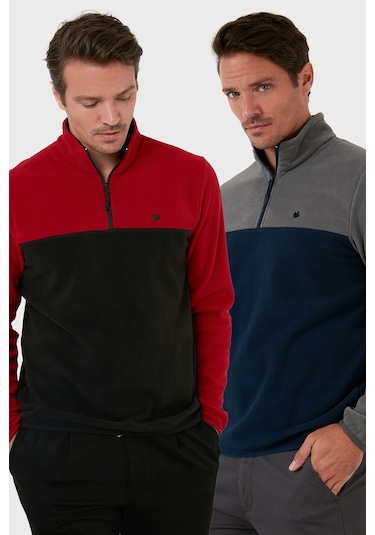 Buratti Regular Fit Anti-Pilling Tüylenme Yapmayan Dik Yaka Şardonlu 2'Li Paket Erkek Polar 5906016S2 Bordo-Gri