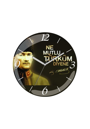 Atatürk Ne Mutlu Türküm Diyene Çap 30cm Sessiz Akar Bombeli Gerçek Cam Duvar Saati Çok Renkli