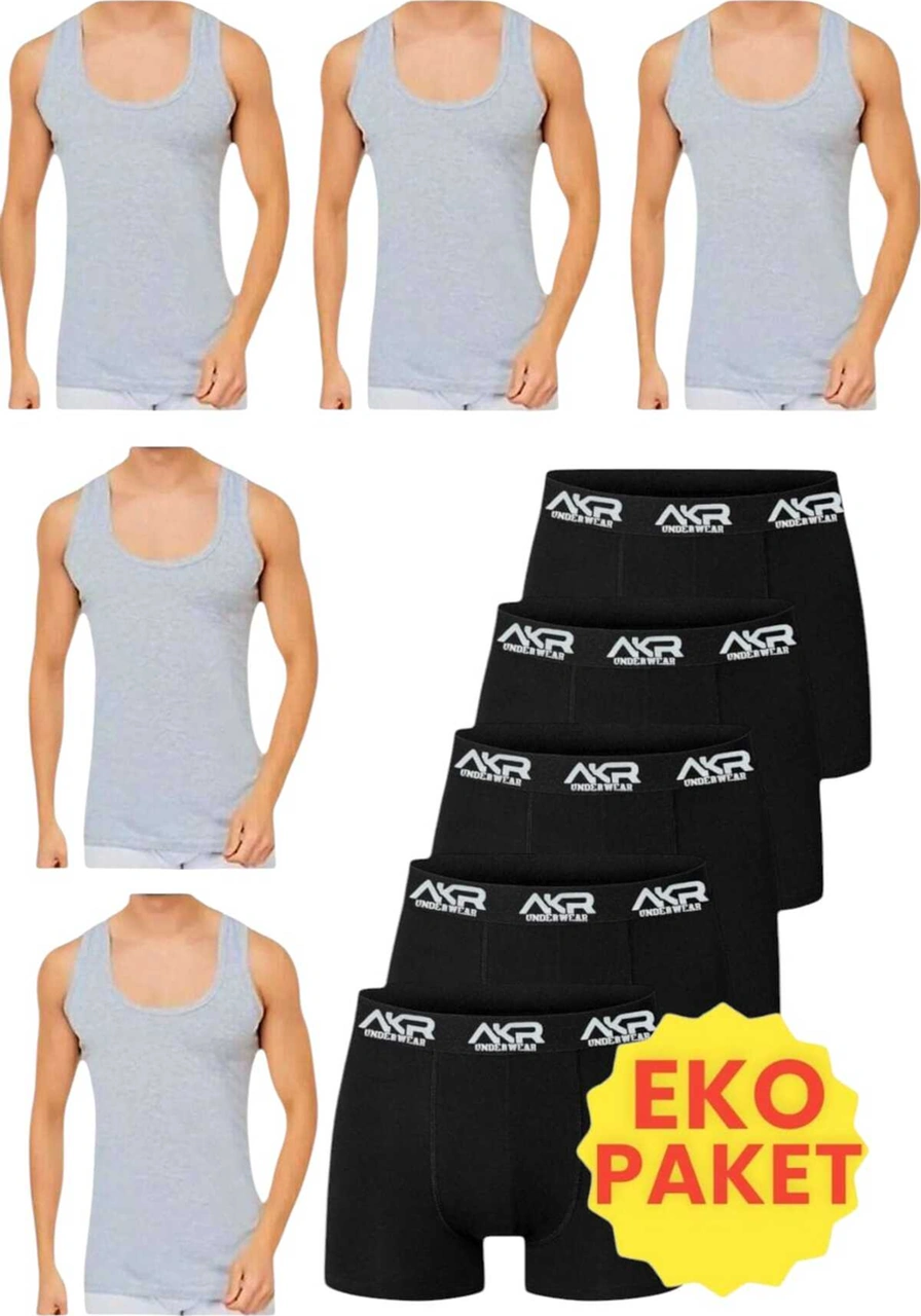 Tezzgelsin Erkek 10'lu Atlet Ve Boxer Takımı Ekonomik Paket Atlet Ve Boxer Set 5 Atlet 5 Boxer Gri - Siyah