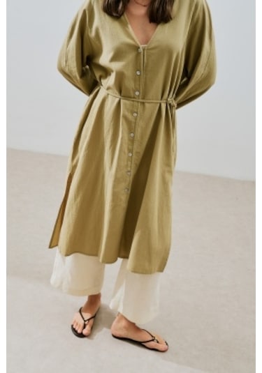Dokulu Düğmeli Uzun Tunik Haki Haki