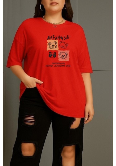 Büyük Beden Aef Ayıcık Baskılı Unisex Tişört Kırmızı