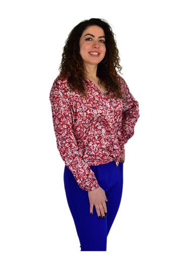 Kadın Saten Baskıkılı Desen Uzun Kol Gömlek Bgl-st04214 Kırmızı