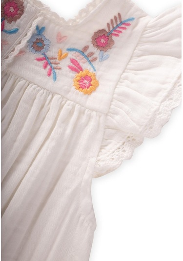 Cigit Nakışlı Organik Müslin Elbise 2-8 Yaş Ekru Ekru