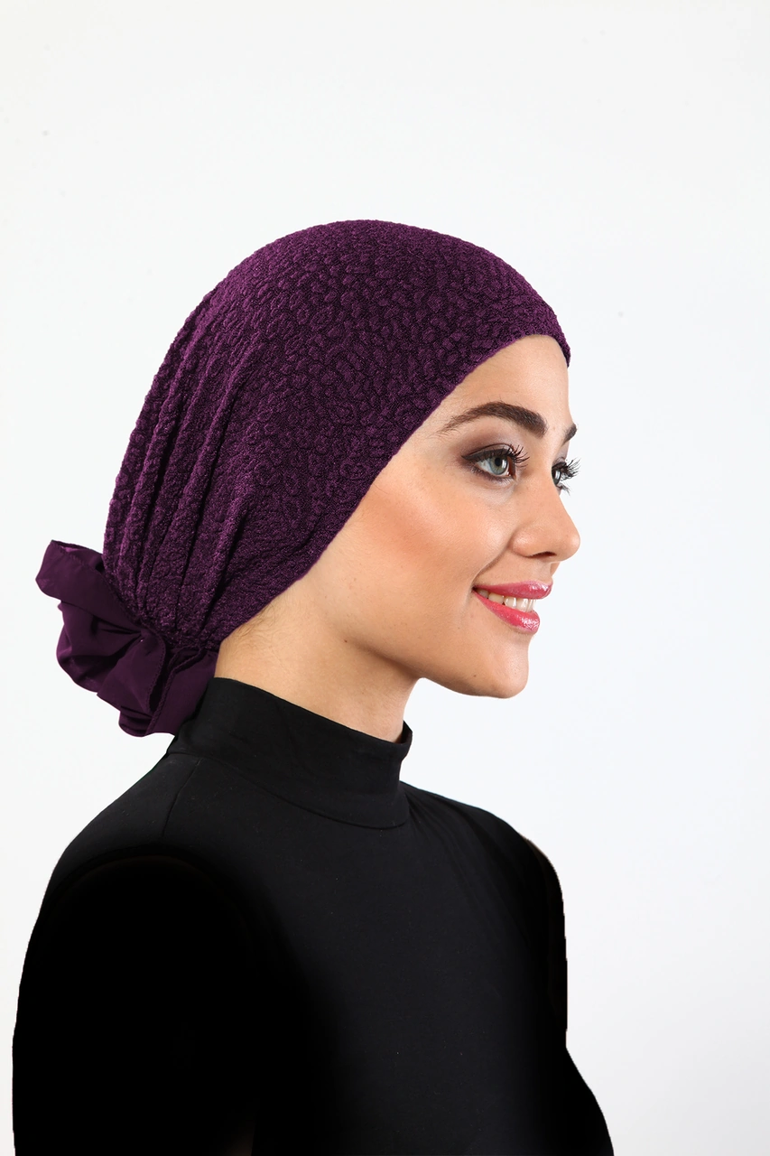 Brokar Tüllü Mürdüm Hazır Türban Tesettür Bone Mürdüm