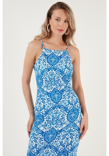 Lela Ip Askılı Fitted-Vücuda Oturan Yırtmaçlı Midi Bayan Elbise 5865573 Mavi