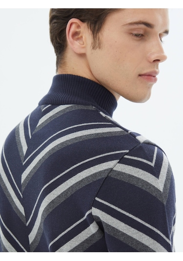 Kip Lacivert Yarım Balıkçı Yaka Desenli Pamuk Karışımlı Triko Çok Renkli