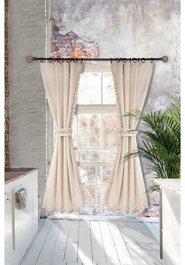 Naturel Perde Bohem Çift Kanat Büzgü Bantlı Krem