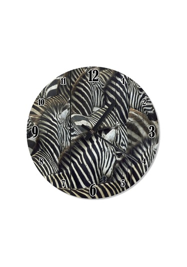 Ahşap Zeminde Siyah Beyaz Çizgili Zebra Sürüsü Duvar Saati Beyaz - Siyah