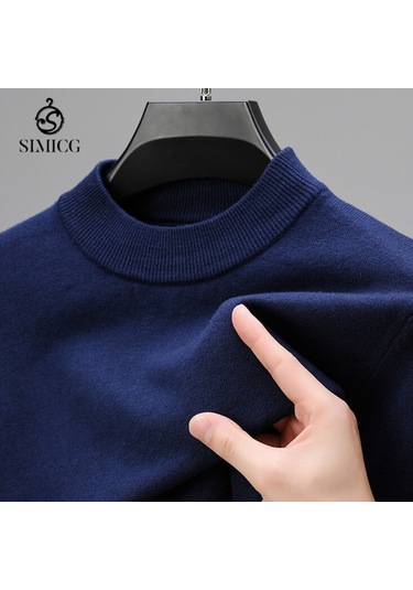 Kışın Yeni Yarım Balıkçı Yaka Sıcak Günlük Düz Renk Erkek Kazağı Koyu Mavi