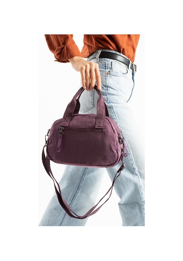 Kadın Omuz Çantası Elde Tutmalı Çapraz Askılı Postacı Bayan Çantası 20 27 Cm Astarlı Hafif Kumaş Mor