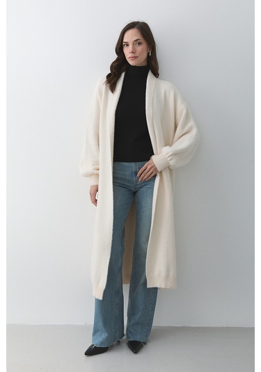 Krem Boydan Uzun Triko Hırka - 251015 Krem