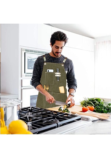 Çapraz Sırt Askılı Şef Önlüğü Pamuklu Kanvas-koyu Yeşil Diğer