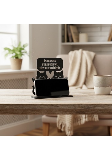 Metal Siyah Kedili Komik Tasarım Telefon Standı