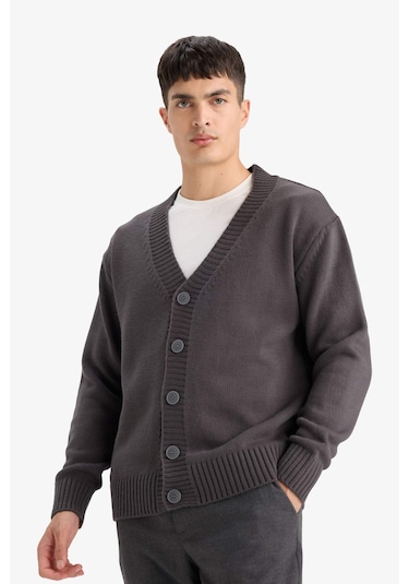 Defacto Relax Fit V Yaka Hırka E5343ax25wngr314 Gri